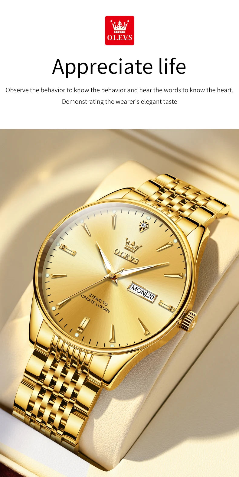 OLEVS 2929 Men Quartz Watch Original Waterproof Business Man Wristwatch Steel Strap Dual Calendar Luminous Fashion Watch For Men