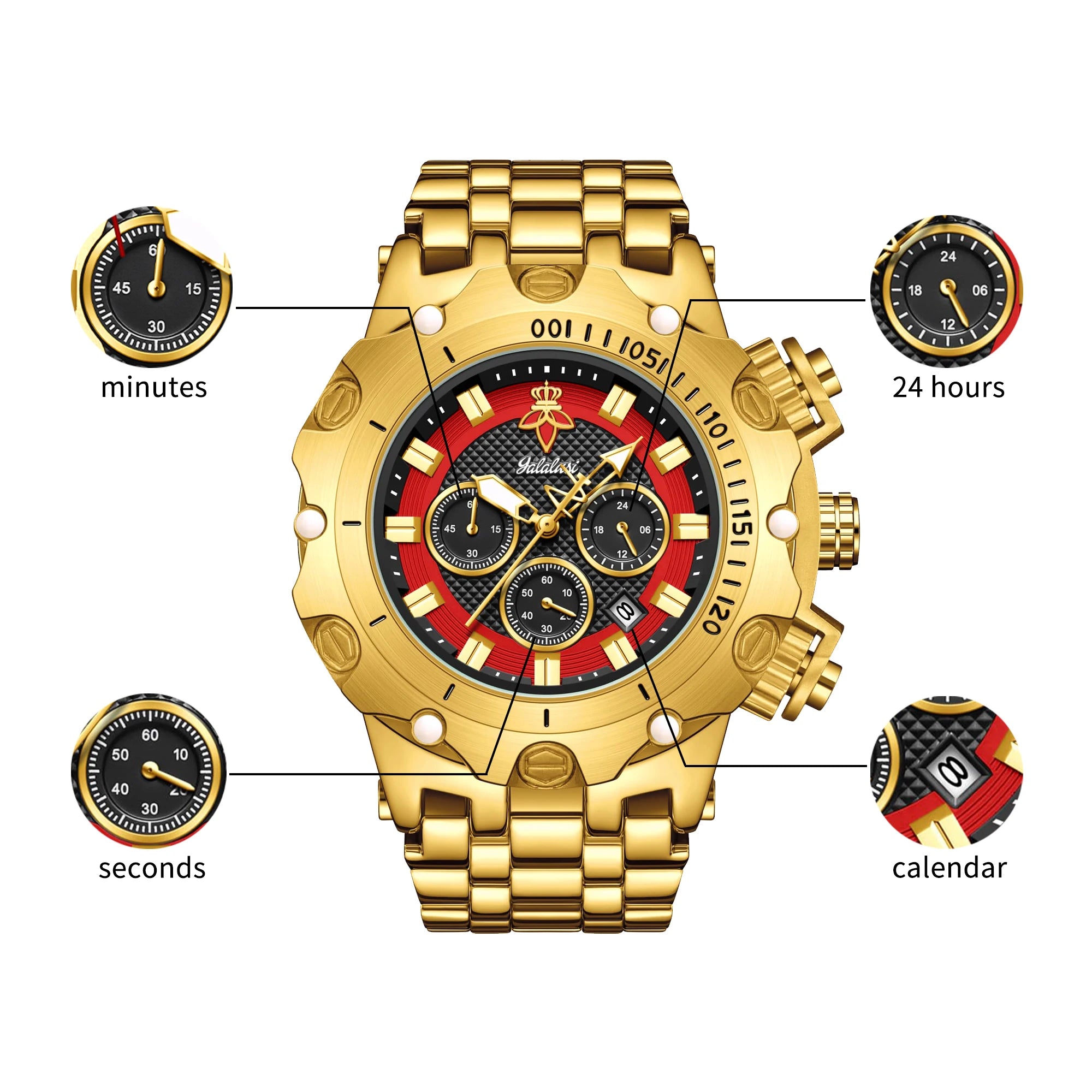 YaLaLuSi Men's Multifunctional Luxury Watch, Gold Strap with Atmospheric Dial, Fashionable and Practical Gift box