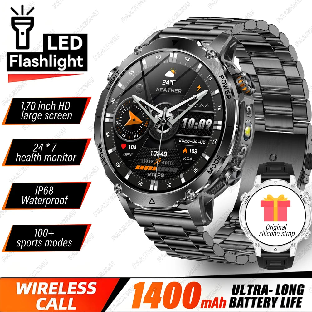 Brand+ Military 1400mAh Battery Smart Watch Men Outdoor Flashlight 10ATM Waterproof Heart Rate Bluetooth Call Sports Bracelets