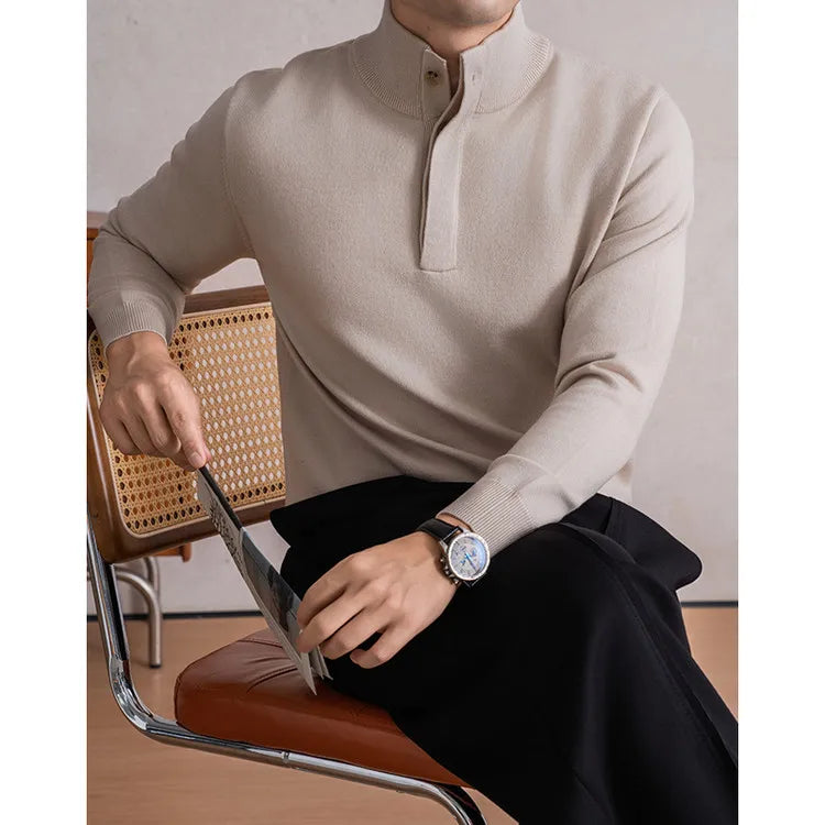 Old Money Style Men's Semi-High Neck Henley Sweater 4.6% Wool Blend Anti-Pilling Knit  Korean Casual Daily Wear