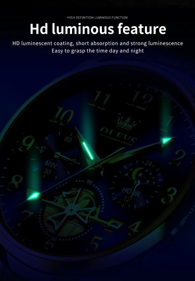 OLEVS 2900 Mens Watch Original Stainless Steel Watches For Men Calendar Moon Phase Quartz Watch Chronograph Freebie Reloj