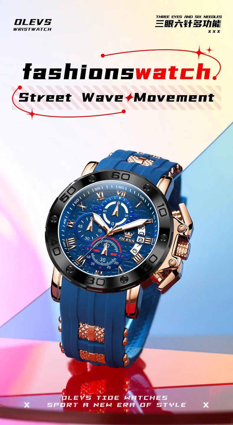 OLEVS 51mm Large Dial Quartz Watch for Men Silicone Strap Waterproof Luminous Auto Date Chrono Roman Numeral Scale Men's Watches
