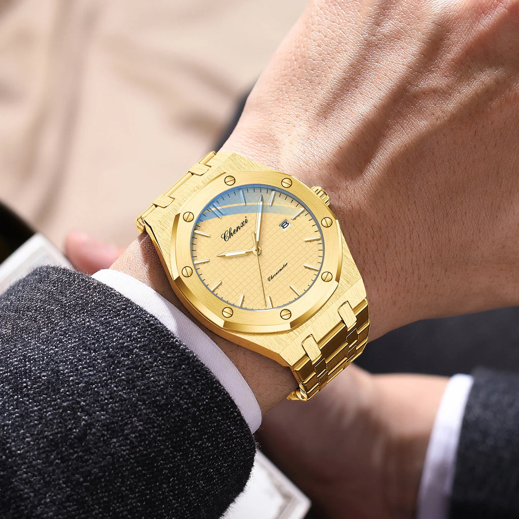 CHENXI NEW Men's Watches Fashion Casual Luminous Date Quartz Watch Male Clock Gifts 42mm Dial Gold Wristwatch Waterproof