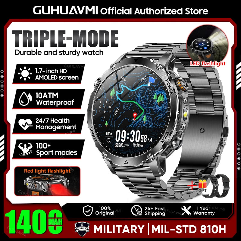 2026 New Military Smart Watch Men 1400mAh Battery 1.7-Inch AMOLED Sport GPS Track Bluetooth Call Rate Smartwatch For Android IOS