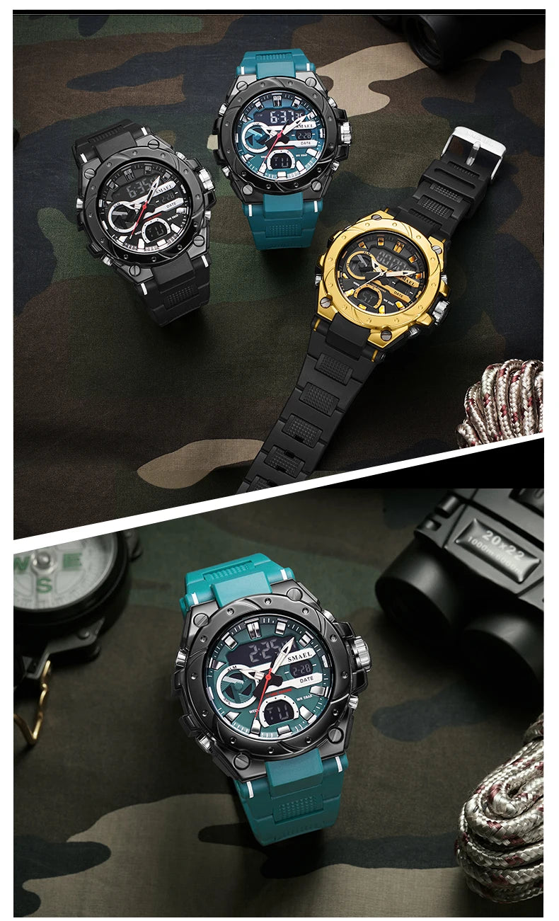 SMAEL Brand Sport Watches 50M Wateproof Dual Time Display Watches LED 8029 Stopwatches Alarm Multifunctional Men's Wristwatches