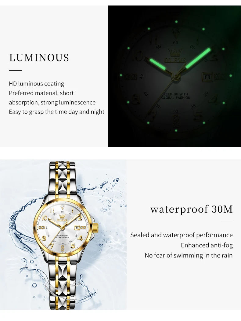 OLEVS 2910 Luxury Men Women Couple Watch Dual Calendar Display Waterproof Stainless Steel Clock Gold Diamond Couple Quartz Watch