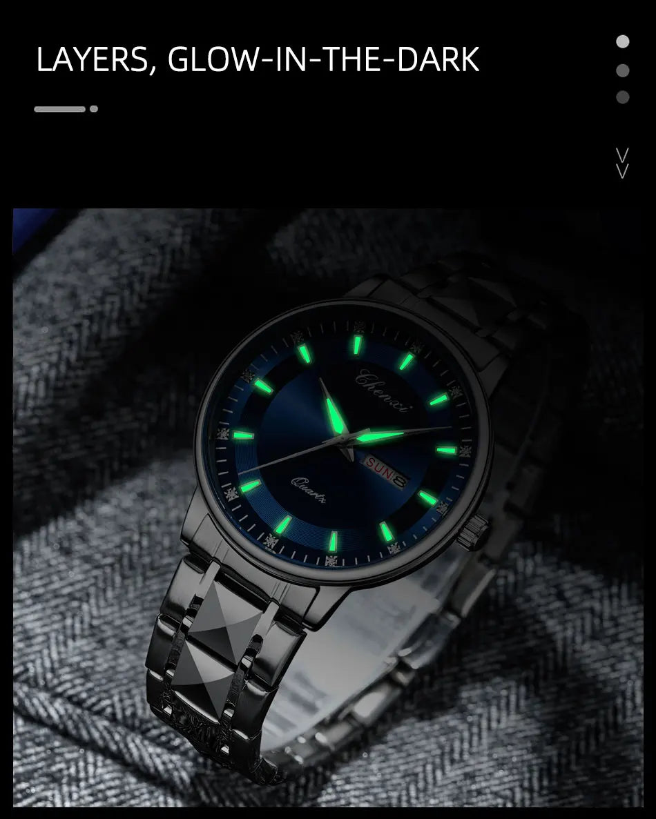 CHENXI Top Brand Fashion Men's Watch Convex Mirror Waterproof Night Light Date Calendar Stainless Steel Strap Quartz Watches NEW