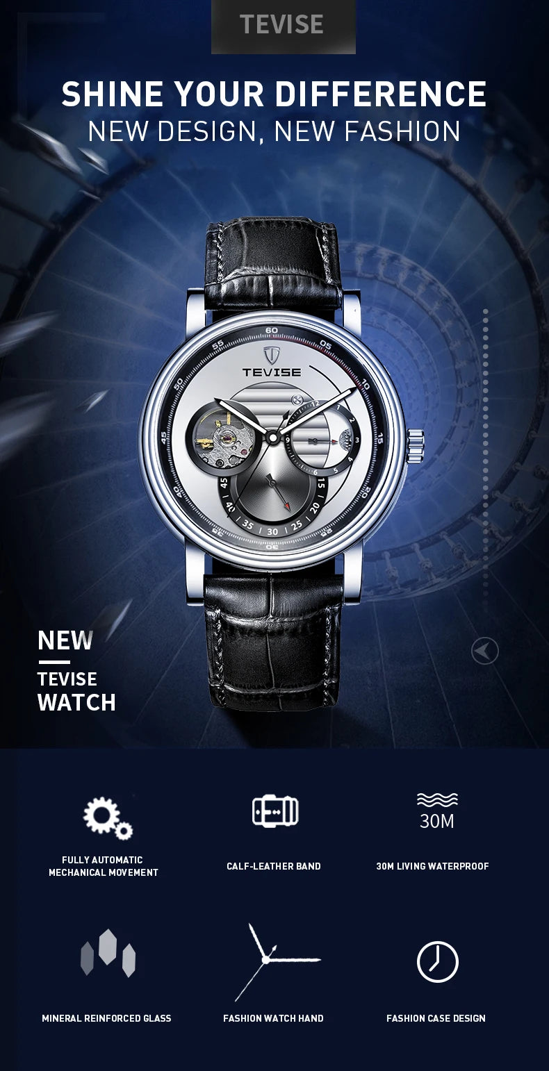 Automatic Mechanical Watch for Men Leather Strap Skeleton Watch 24 Hours Luminous Watch Fashion Casual Watch