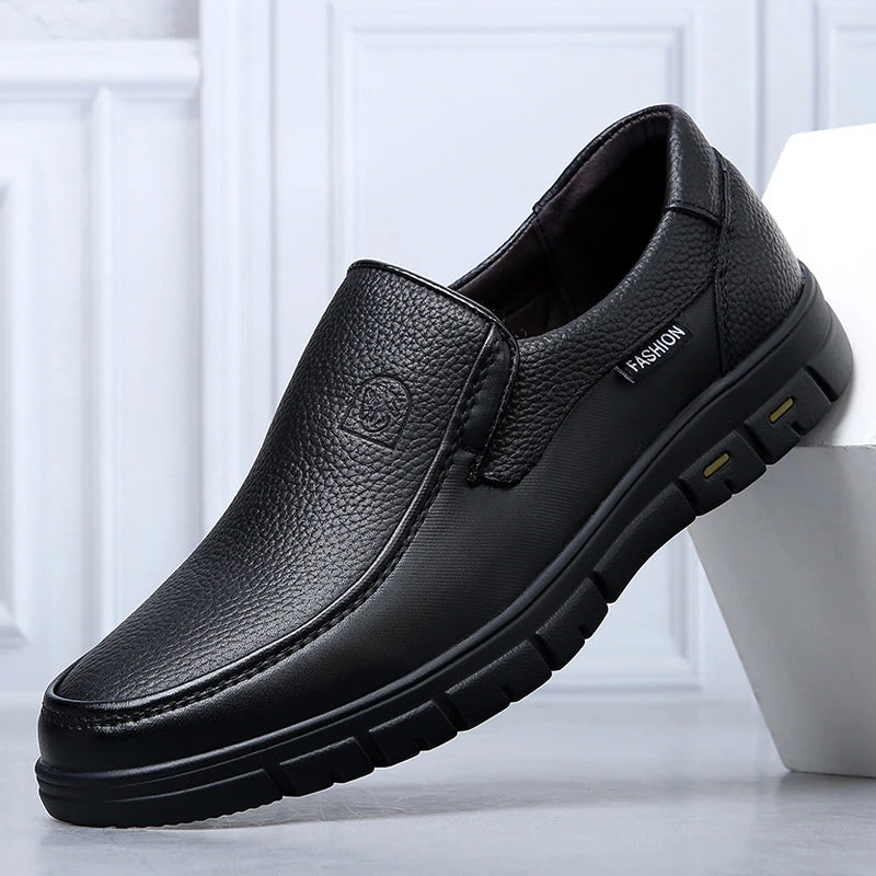 Mens Black Genuine Leather Slip On Loafers Soft Cushioned Sole Comfortable Business Casual Shoes For Middle Aged Dad Daily