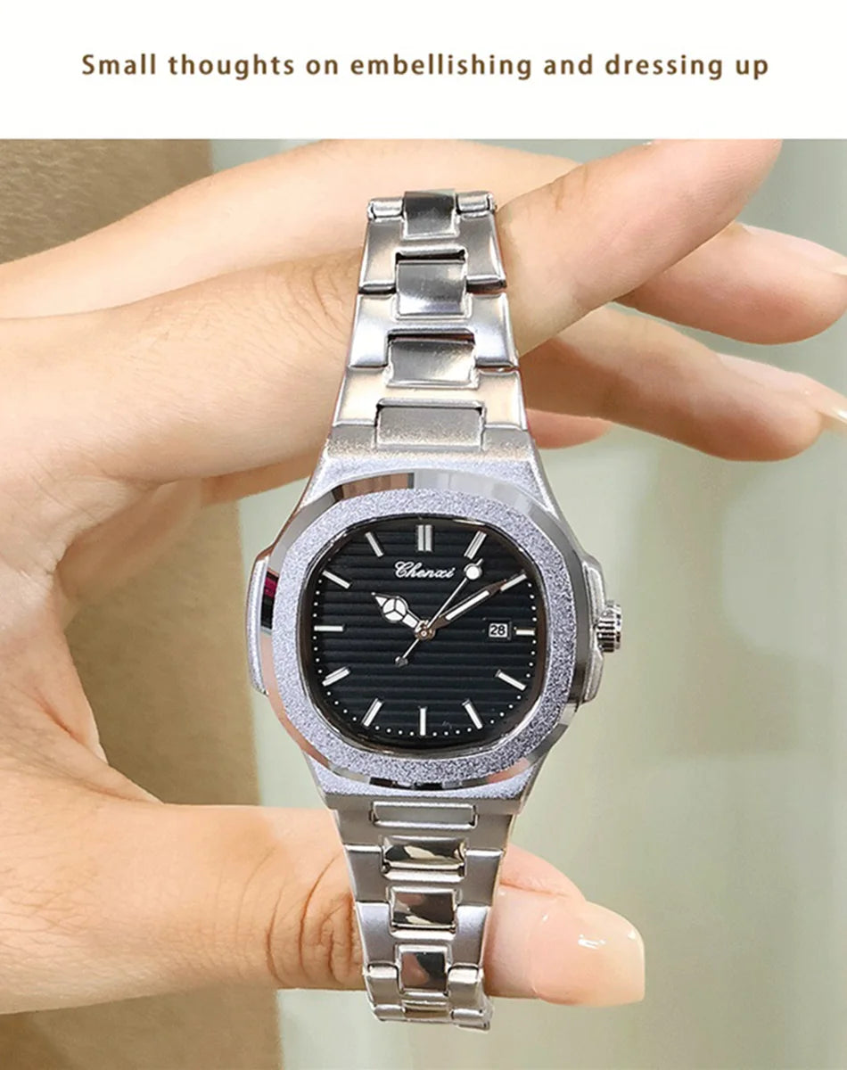 Watches For Woman Fashion Date Luminous Quartz Watch Silver Stainless Steel Clock Women's Stainless Steel Watch Waterproof