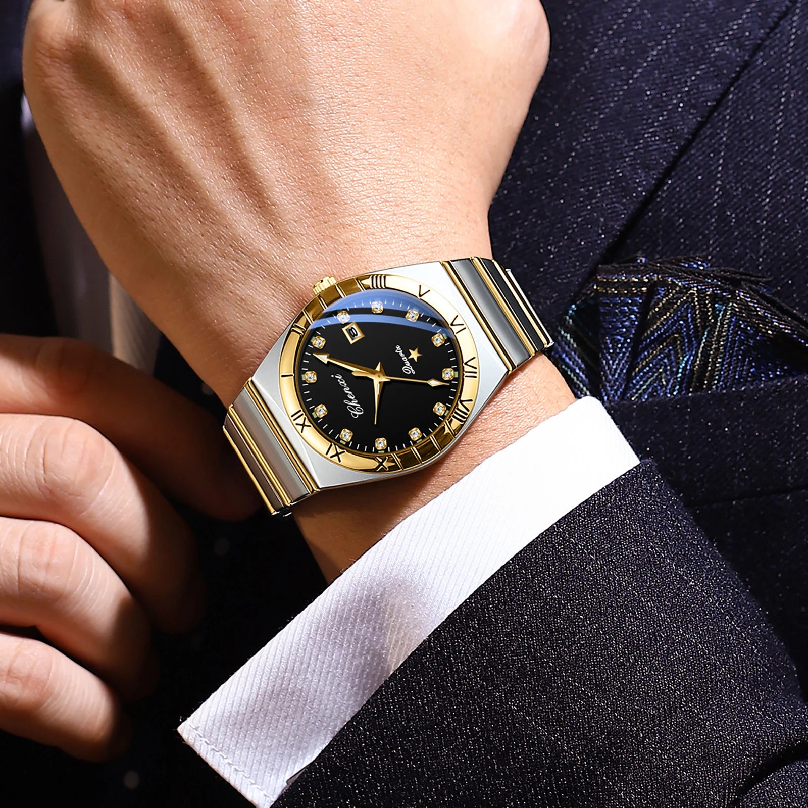 CHENXI Watches For Men Sweep Second Movement See-through Quartz, Waterproof Mens Watch Stainless Steel Golden Wristwatches
