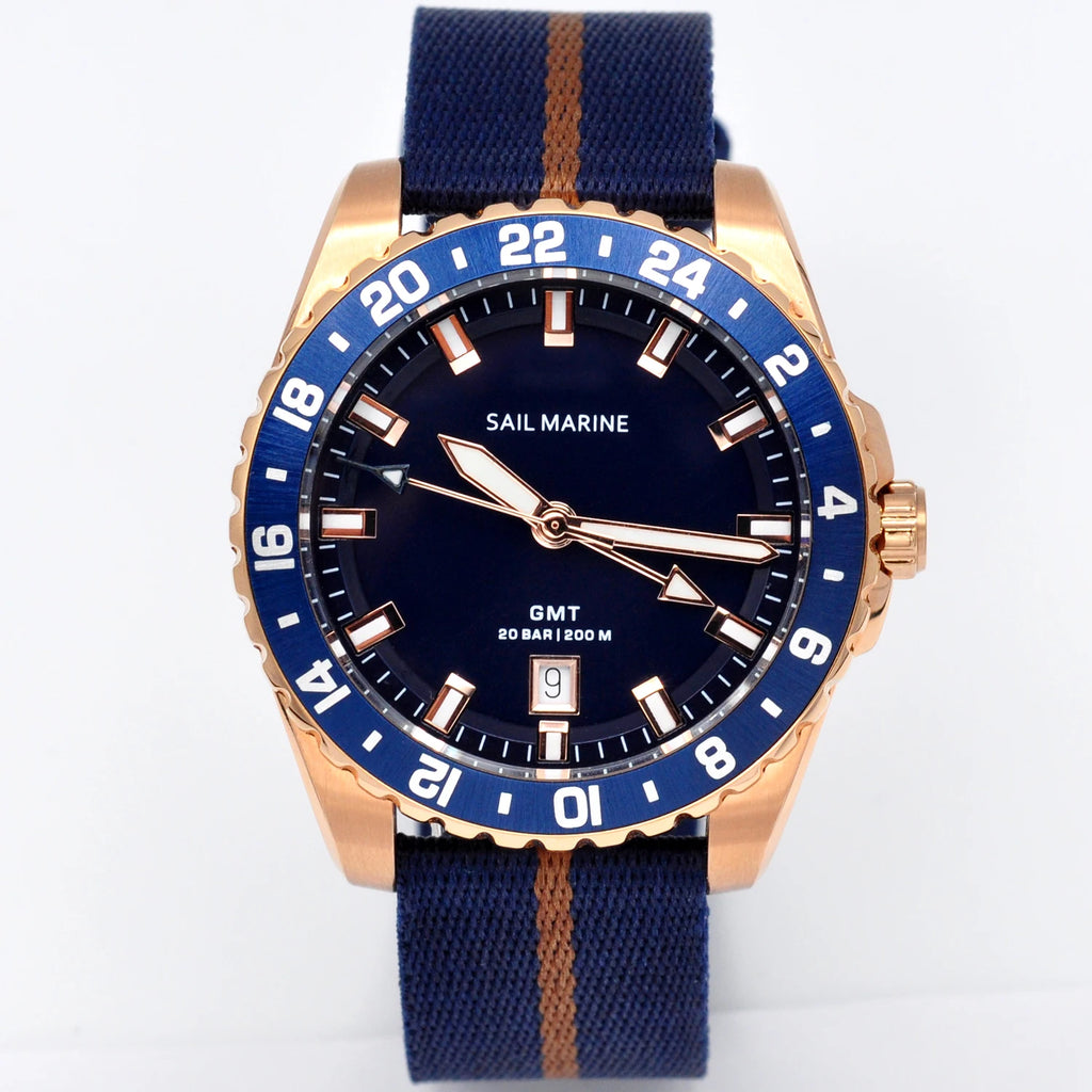 Top Quality Rose Gold Men's Luminous Casual Watch Fabric Strap GMT Quartz Wristwatch Stainless Steel Case 20 Bar Deep Waterproof