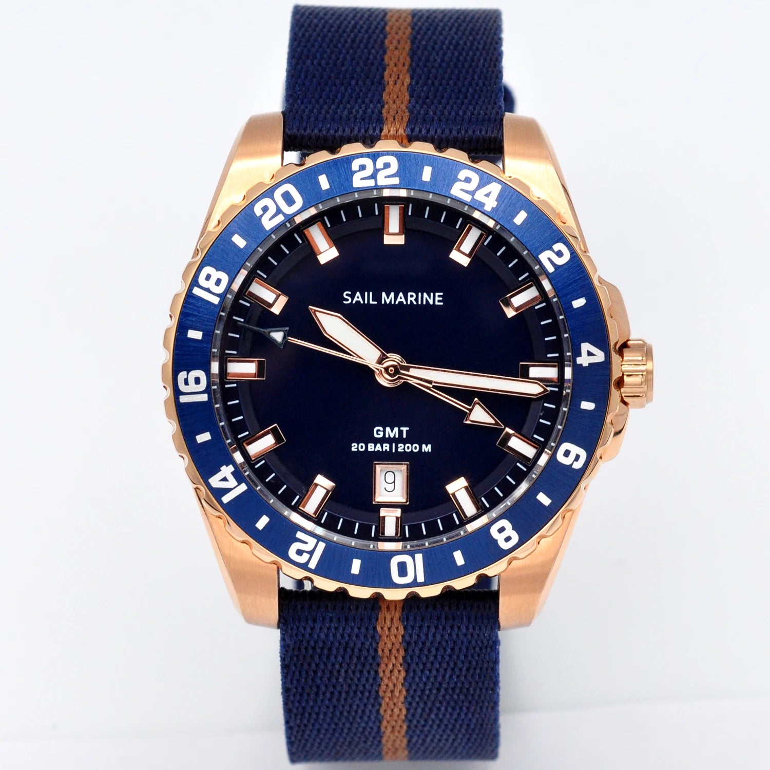 Top Quality Rose Gold Men's Luminous Casual Watch Fabric Strap GMT Quartz Wristwatch Stainless Steel Case 20 Bar Deep Waterproof