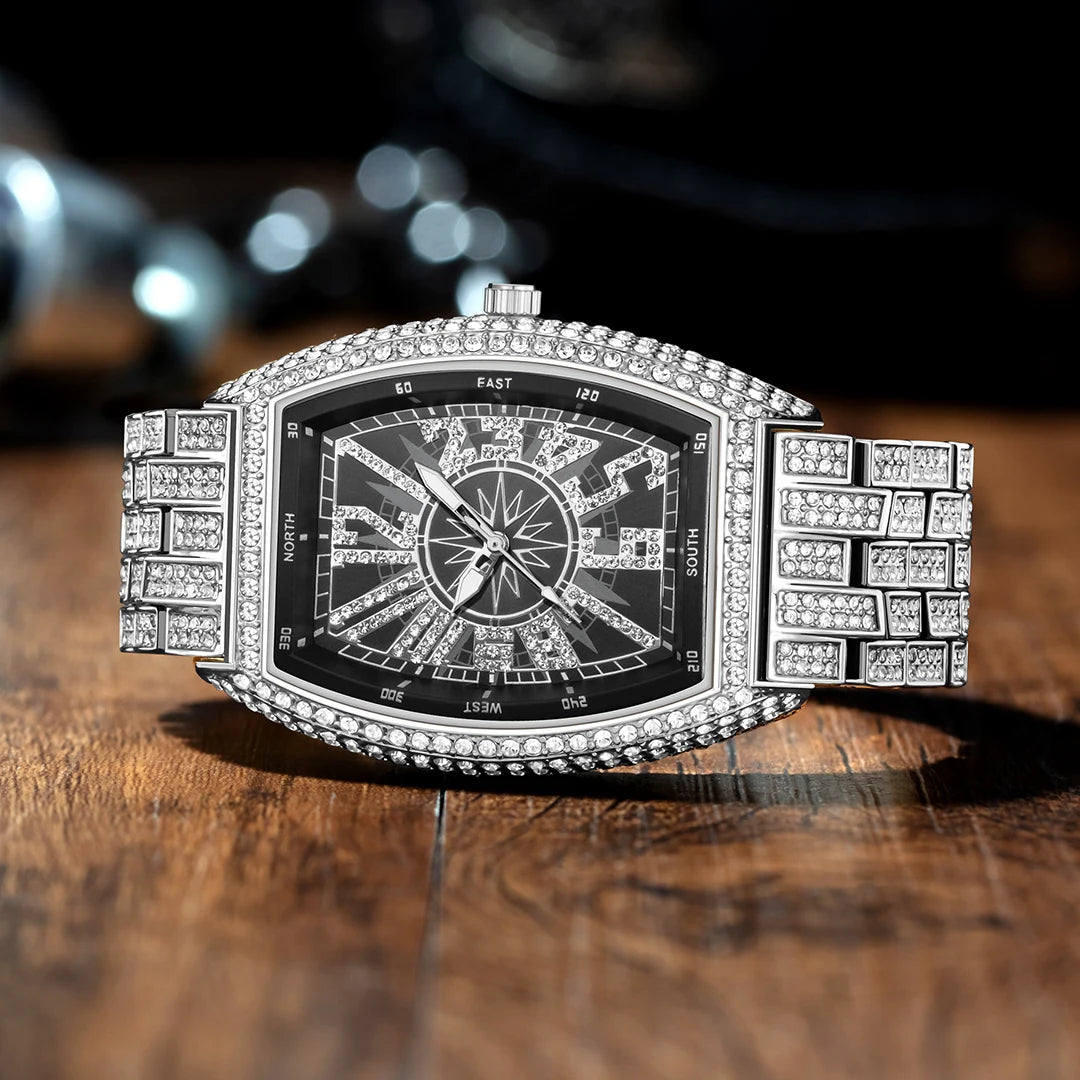 Luxury Gold Watches Men Brand MISSFOX Fashion Hip Hop lce Diamond Sun Pattern Literal Quartz Wristwatch Male Dropshipping Hot