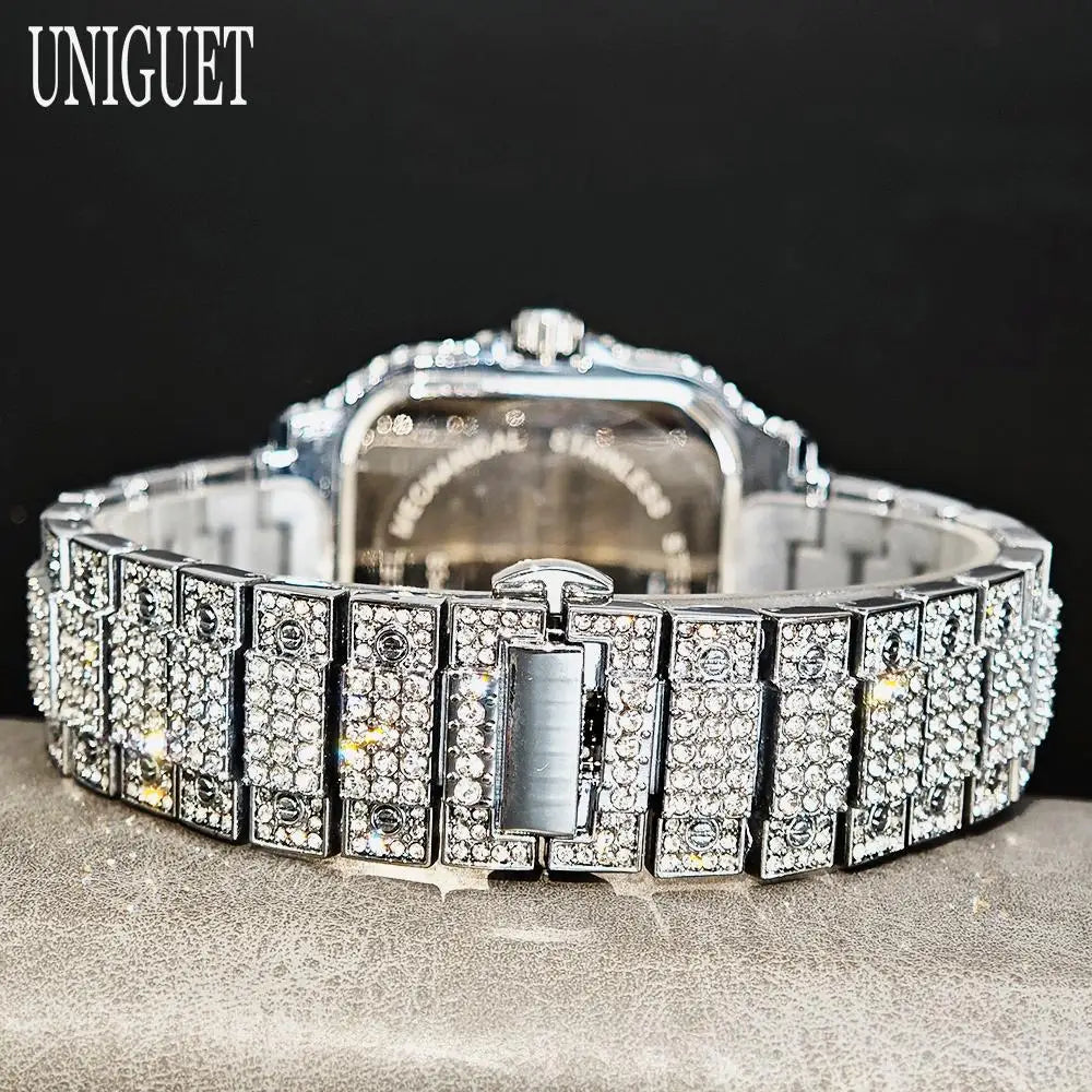 UNIGUET Hot Sale Luxury Iced Watch for Man Fashion Square Watches Men Hip Hop Diamond Bling Jewelry Wristwatch Reloj Hombre