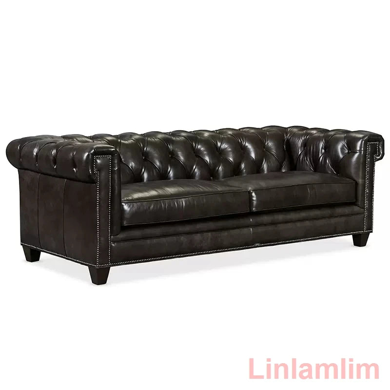 Classic Tufted Couch – Luxury Genuine Leather Chesterfield Sofa 3-Seater with Rolled Arms and Nailhead Trim, for Living Room