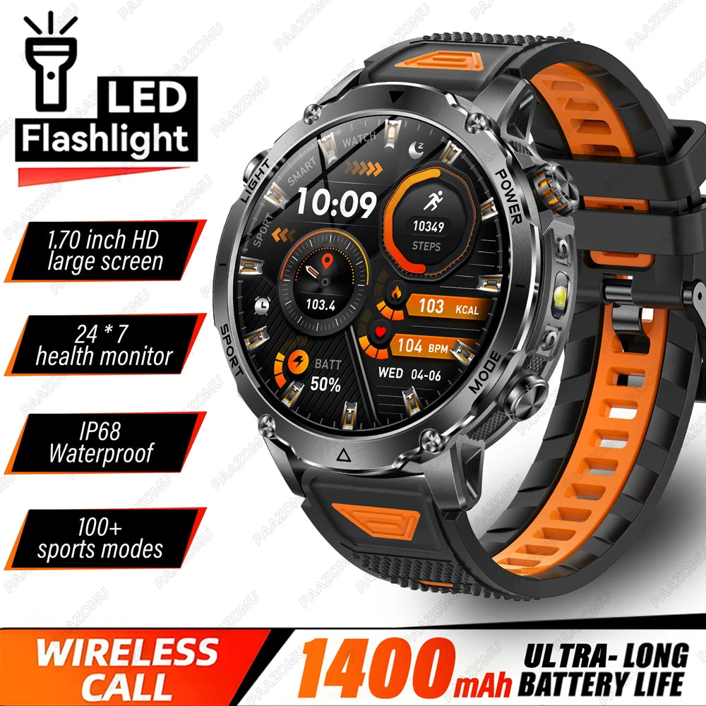 Brand+ Military 1400mAh Battery Smart Watch Men Outdoor Flashlight 10ATM Waterproof Heart Rate Bluetooth Call Sports Bracelets