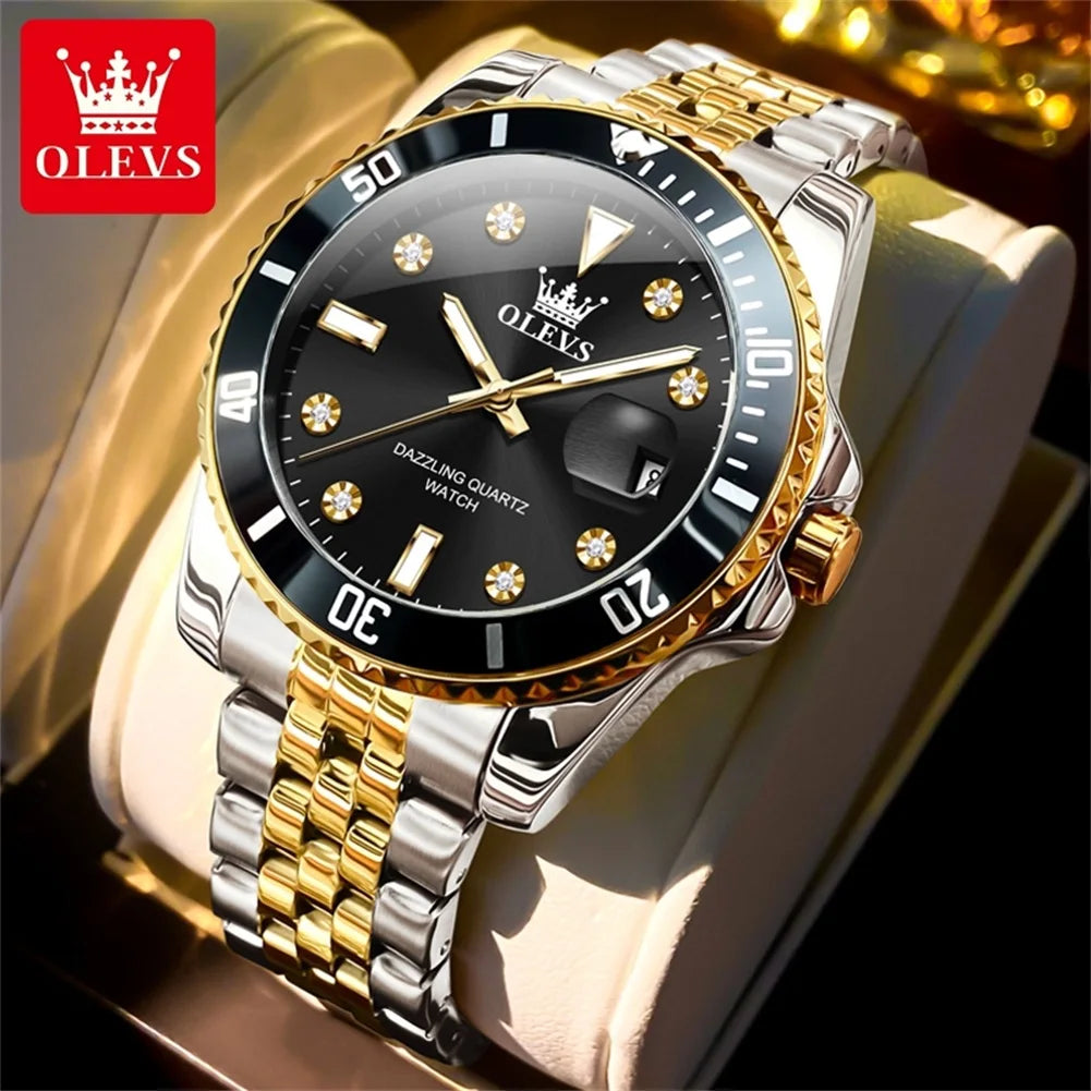 OLEVS 9809 Men Watch Original Waterproof Luminous Stainless Steel Quartz Watch For Men Top Brand Calendar Business Wristwatch