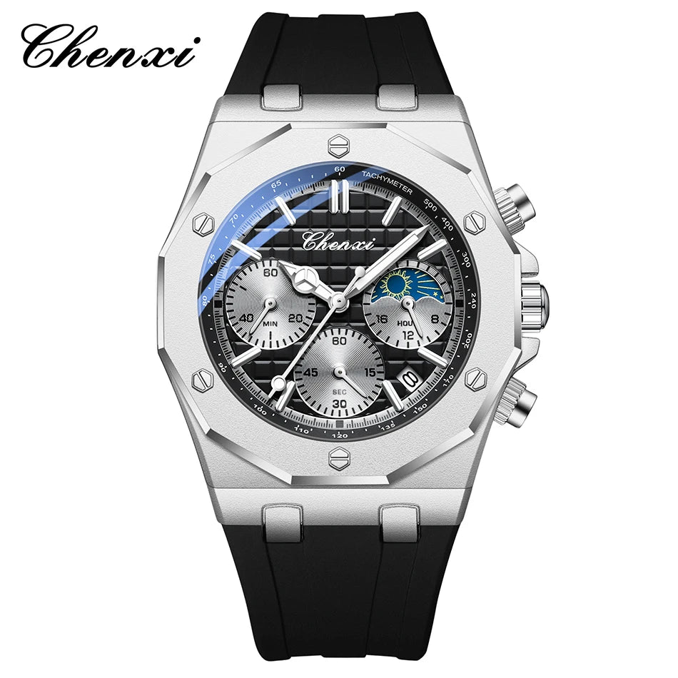 CHENXI Sports Multi-functional Silicone Man Watch Calendar Waterproof Quartz Men Watches Chronograph Moon Phase Men's Wristwatch