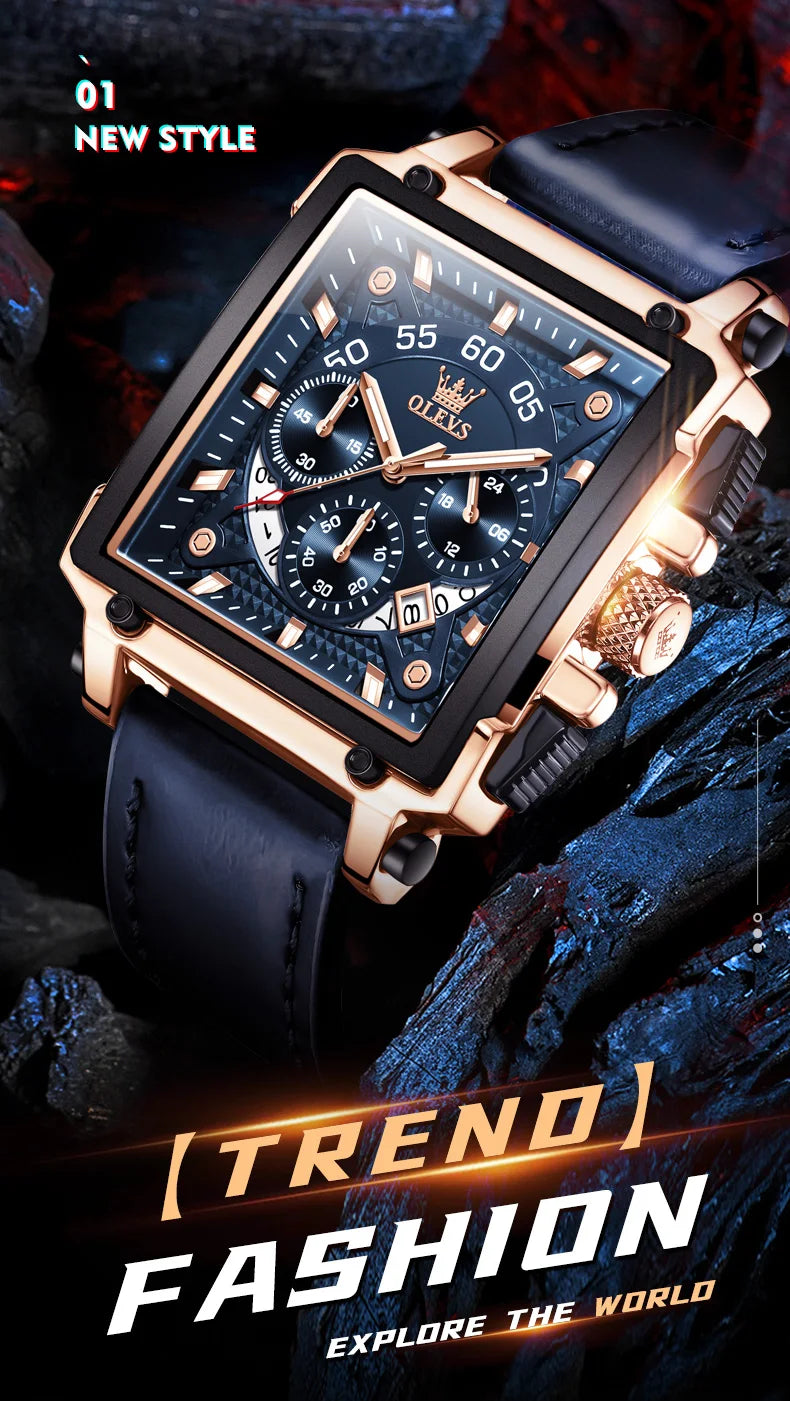 OLEVS 9919 Chronograph Multifunctional Quartz Men's Watch Leather strap 45MM Square Big Dial Leisure Sports TOP Brand Male Watch