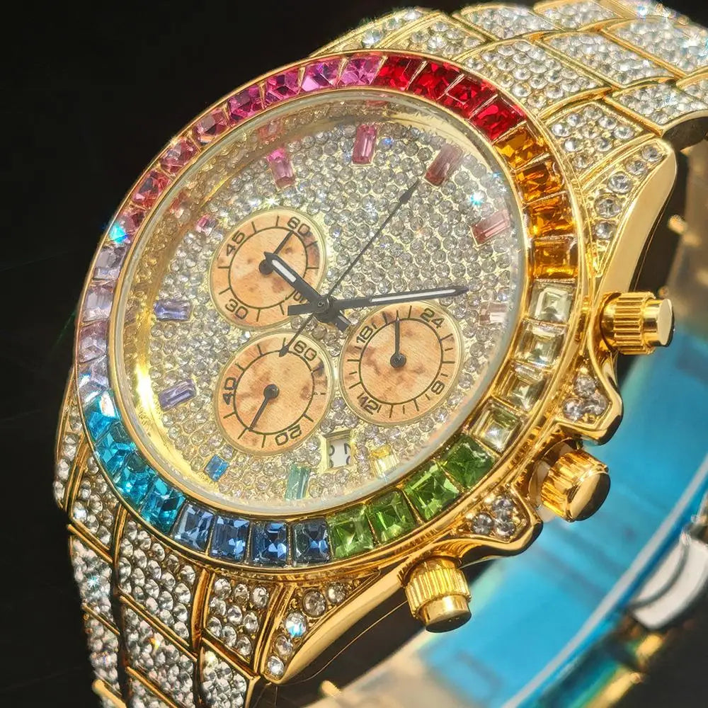 Hot Sell Fashion Gold Watch For Men Brand UNIGUET Hip Hop Rainbow Diamond shiny Jewelry Quartz Wristwatch Male Dropshipping