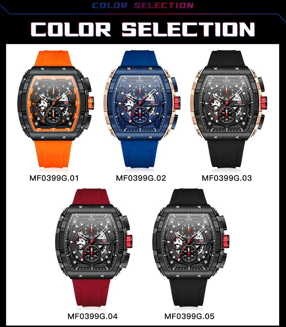 MINI FOCUS Chronograph Quartz Watches for Men Military Sport Silicone Strap Waterproof Wristwatch with Tonneau Dial Auto Date