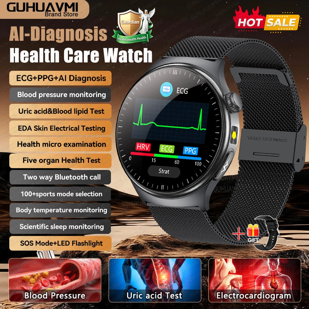 Newly Upgared Precise Health Diagnosis Smart Watch ECG Uric Acid Blood Pressure Micro Physical Examination Clock For Android iOS