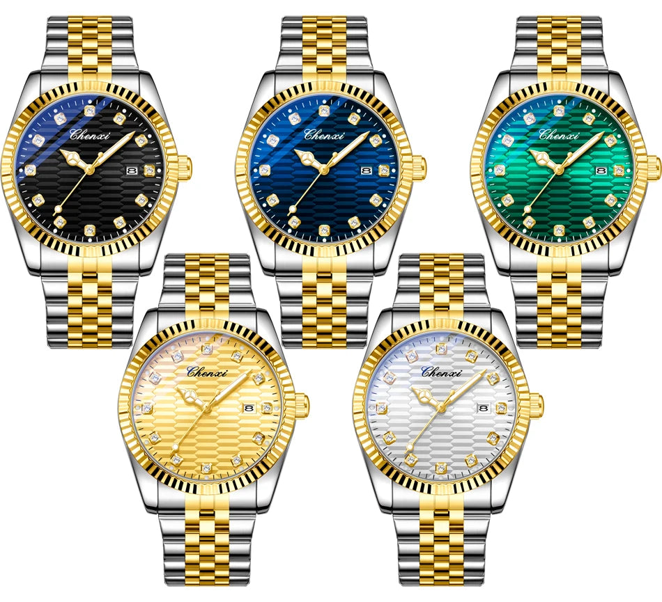 CHENXI Man Watch Classic Fashion Gold Quartz Steel Strap Watches Men Diamond-Set Round Luminous Water-Resistant Date