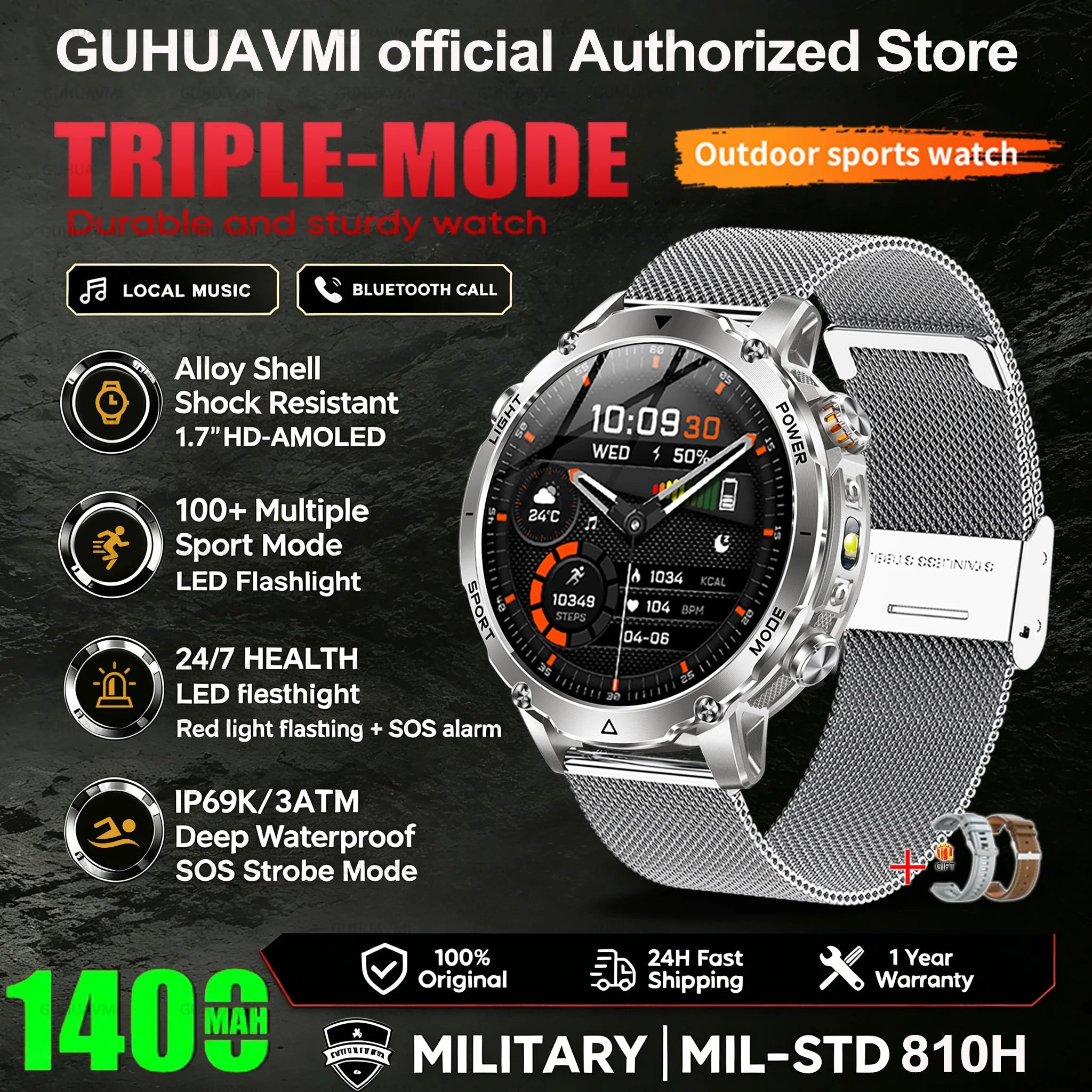 2026 New Smart Watch Bluetooth Call 1400mAh Large Battery Sport Heart Rate 1.7" Military Outdoor Men Smartwatch For Android IOS