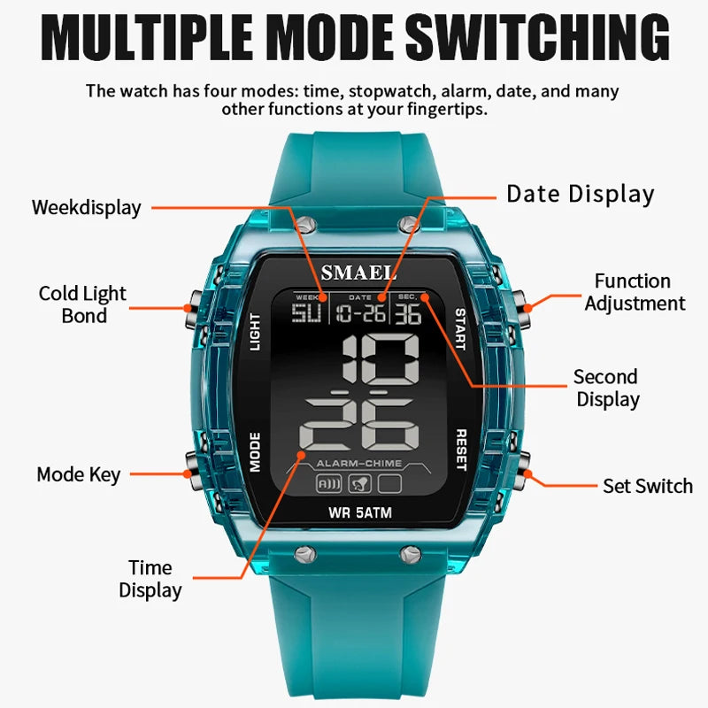 SMAEL Watches for Women LCD Digital Movement Silicone Strap Clock Fashion Trend Waterproof Sport Electronic Wristwatches Female
