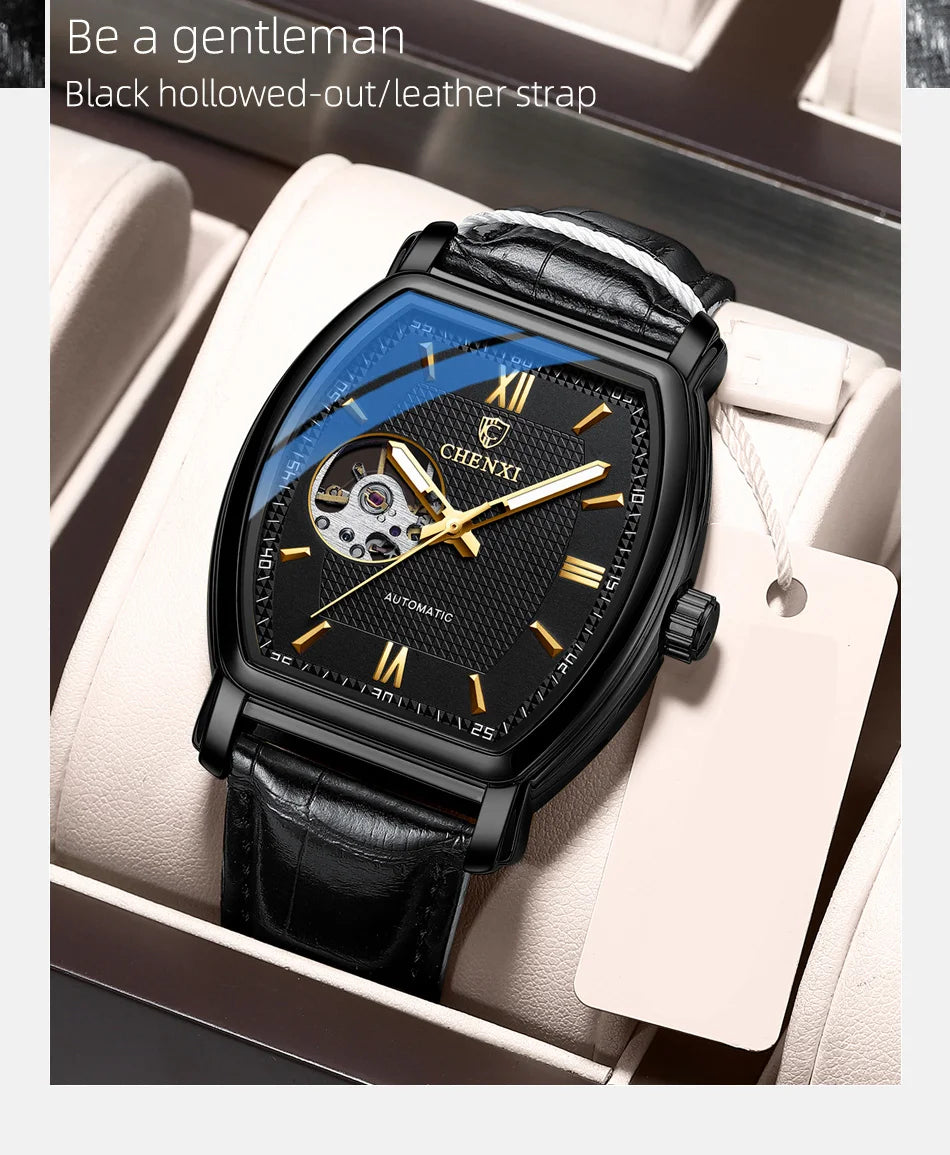 Automatic Mechanical Skeleton Man Watch Fashion Luxury CHENXI Watches For Men Business Leather Waterproof Tonneau Wristwatch