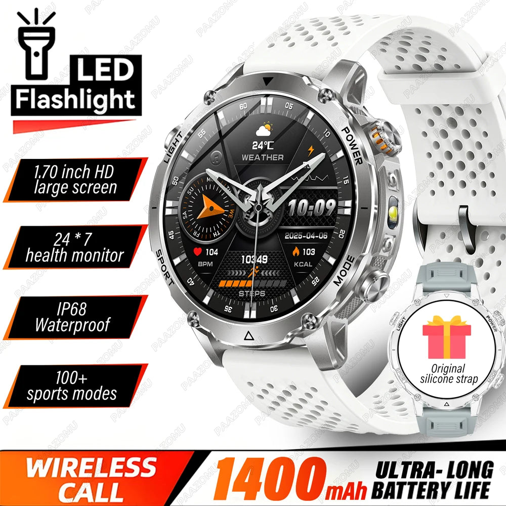 Brand+ Military 1400mAh Battery Smart Watch Men Outdoor Flashlight 10ATM Waterproof Heart Rate Bluetooth Call Sports Bracelets