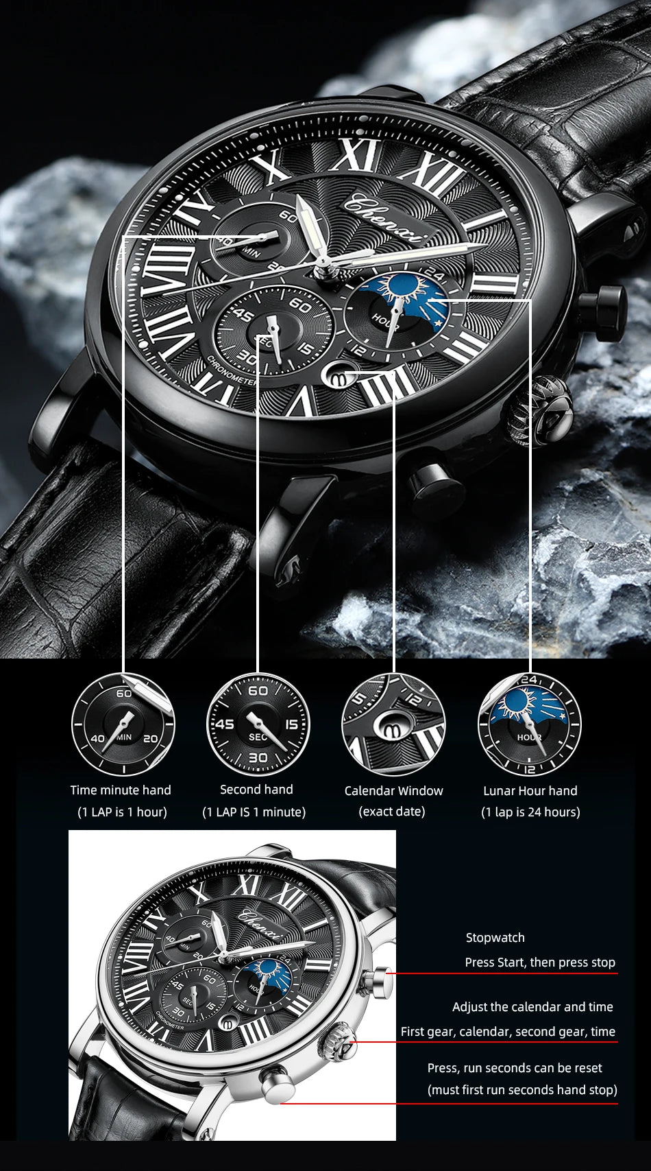 CHENXI Multifunction Men's Watches Business Roman Numerals Leather Strap Quartz Man Watch Chronograph Moon Phase Calendar