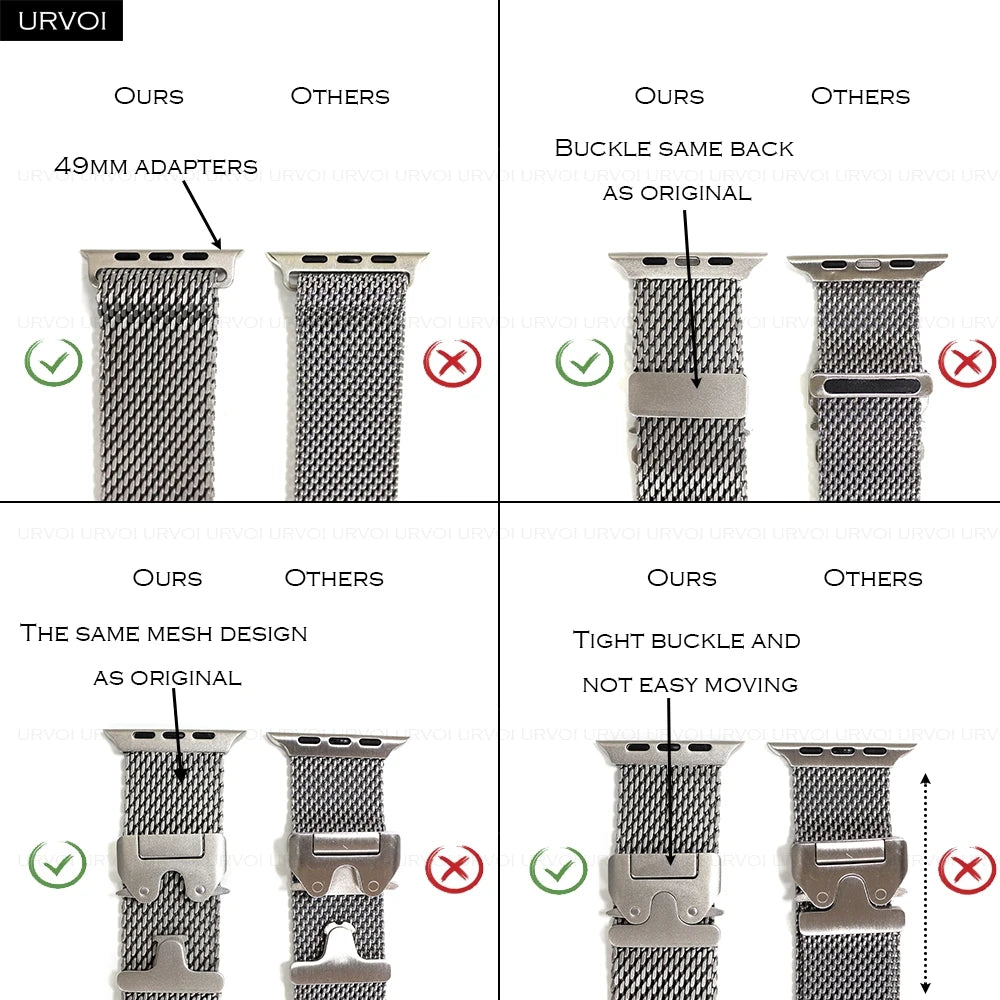 URVOI Band for Apple Watch Ultra 3 2 Series 11 10 9 8 SE stainless steel mesh strap for iWatch secure parachute buckle 46 49mm