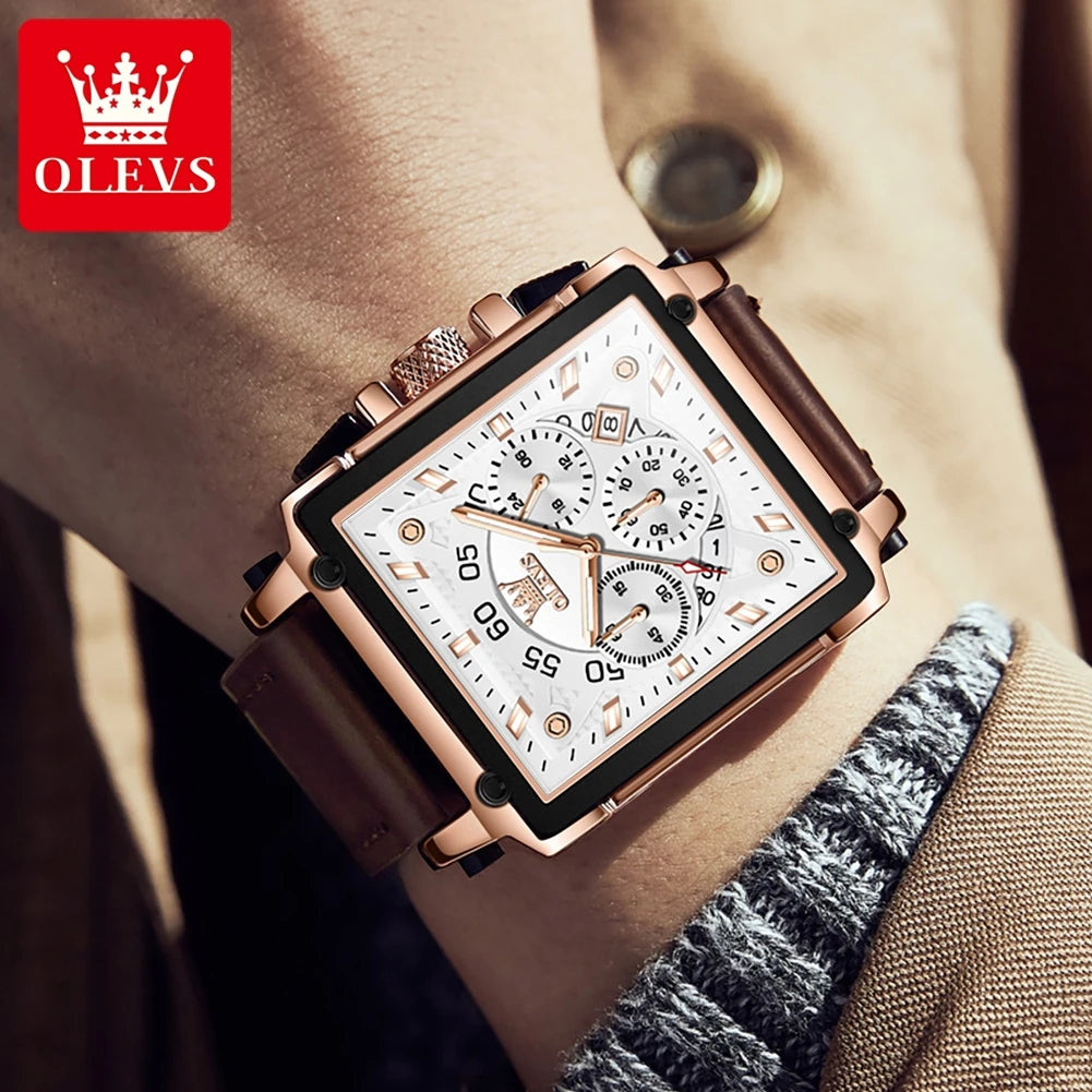 OLEVS Mens Watch Square Quartz Watch Multifunctional Business Watches For Man Waterproof Luminous Box Gift Leather Strap 9919