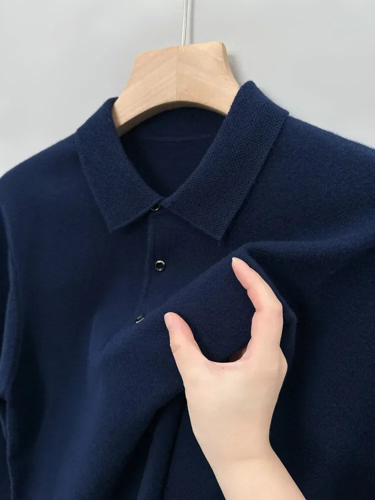 Autumn and Winter New Warm Soft Pullover Men's Business Lapel Knitwear Casual Solid Color Long Sleeve Polo Shirt Office