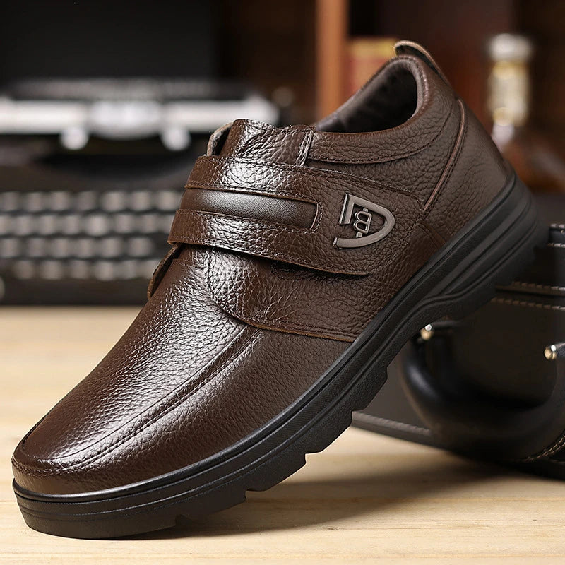 Mens Brown Litchi Grain Genuine Leather Casual Shoes Soft Sole Comfortable Walking Sneakers For Middle Aged Dad And Elderly