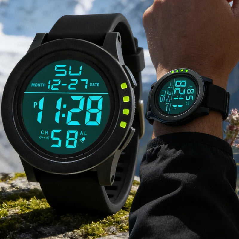 Mens Women Digital Watch Big Dial Light LED Swim Waterproof Rubber Band Alarm Black LED Watches
