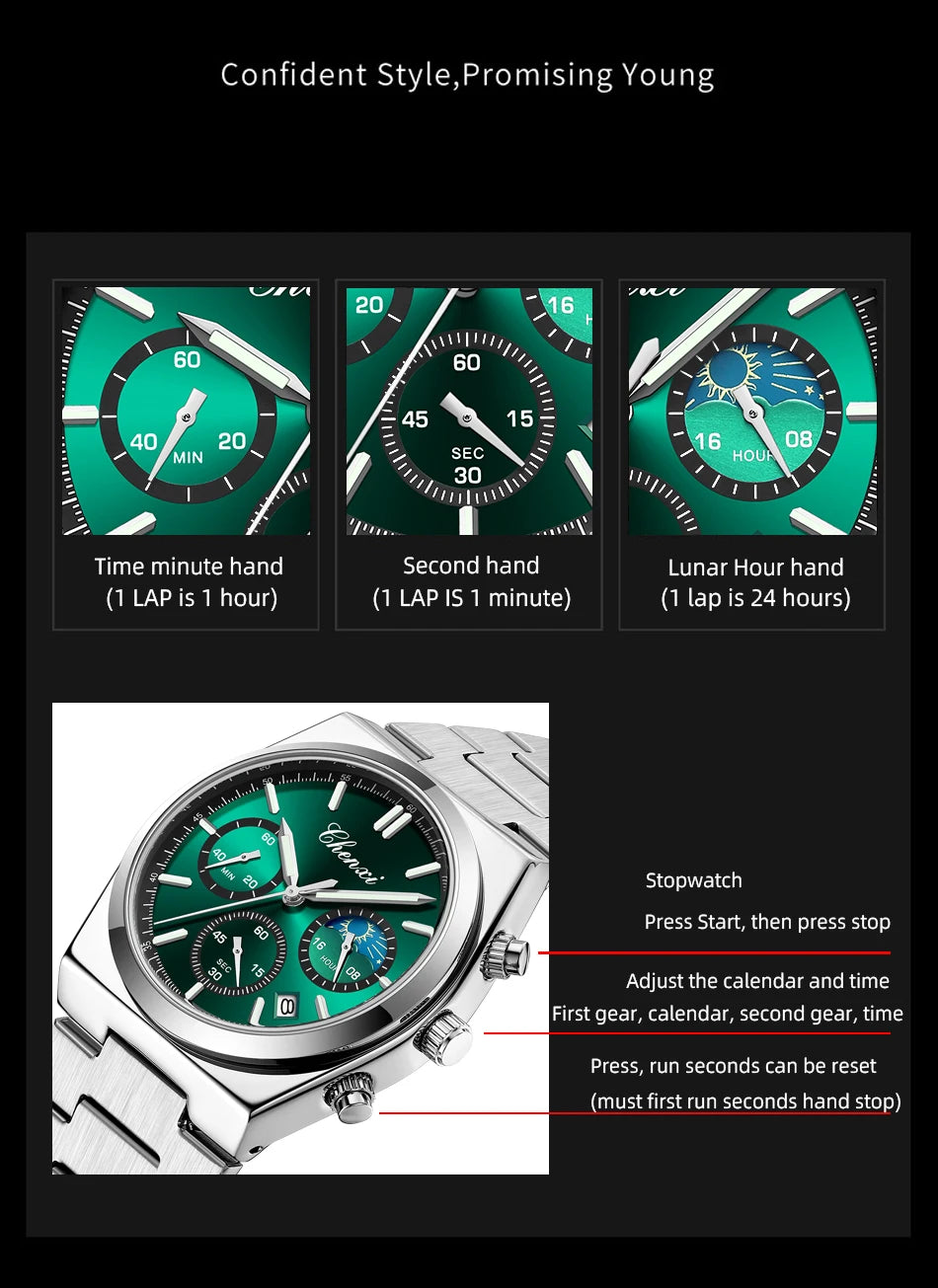 Men's Watches CHENXI 2025 High Quality Sports Chronograph Date Quartz Wristwatch Men's Watch Stainless Steel Waterproof Luminous