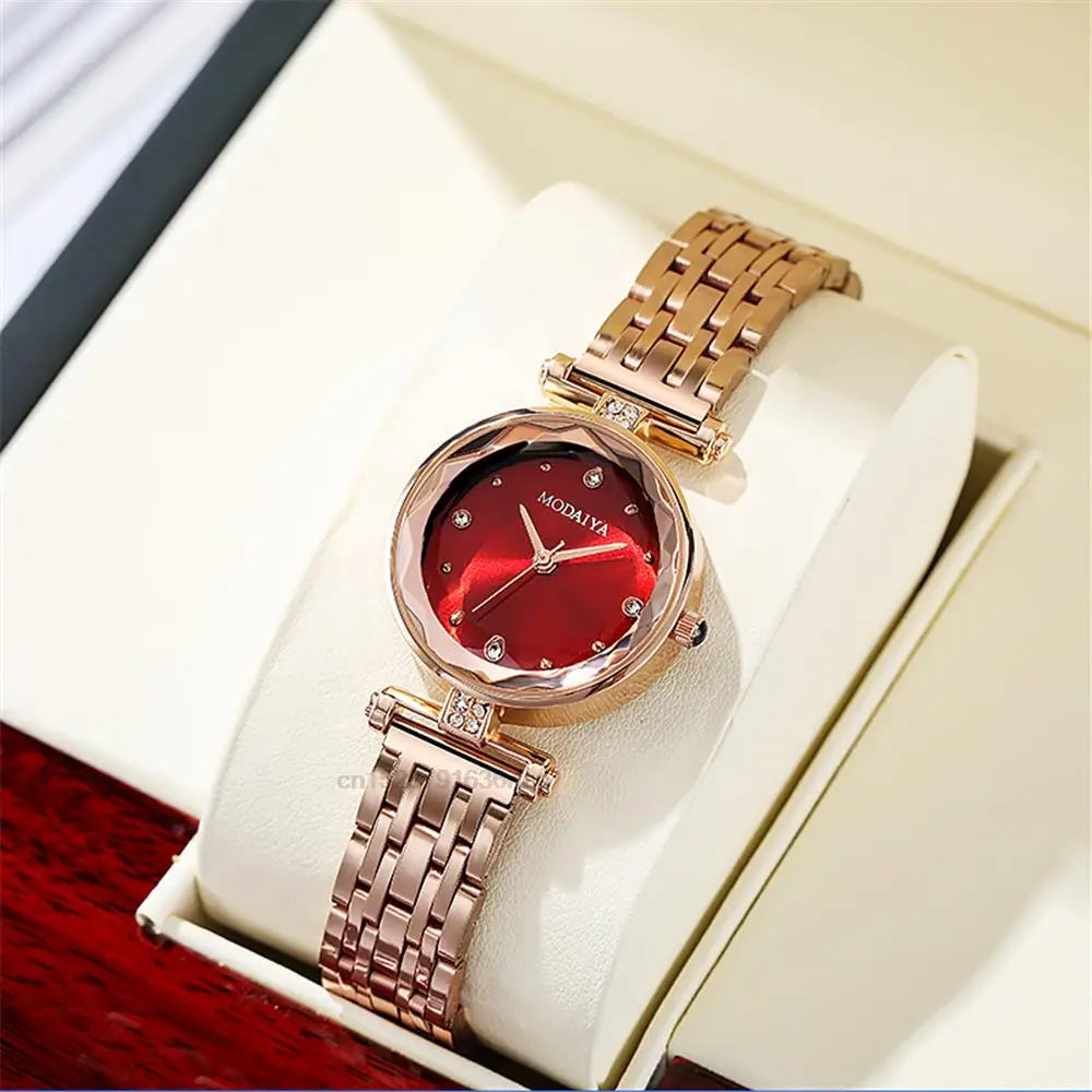 Luxury 2022 Branded Refined Ladies' Diamond-set Red Alloy Quartz Watch Fashion Women Plating Stainless Steel Strap Gift Clock