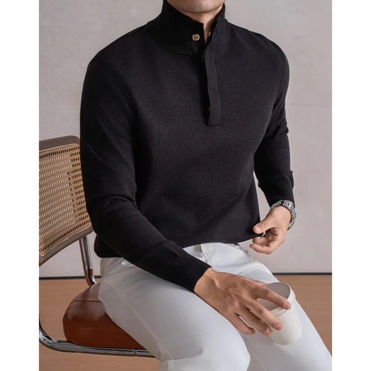 Old Money Style Men's Semi-High Neck Henley Sweater 4.6% Wool Blend Anti-Pilling Knit  Korean Casual Daily Wear