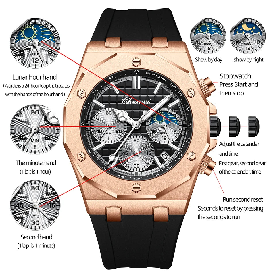 CHENXI Sports Multi-functional Silicone Man Watch Calendar Waterproof Quartz Men Watches Chronograph Moon Phase Men's Wristwatch