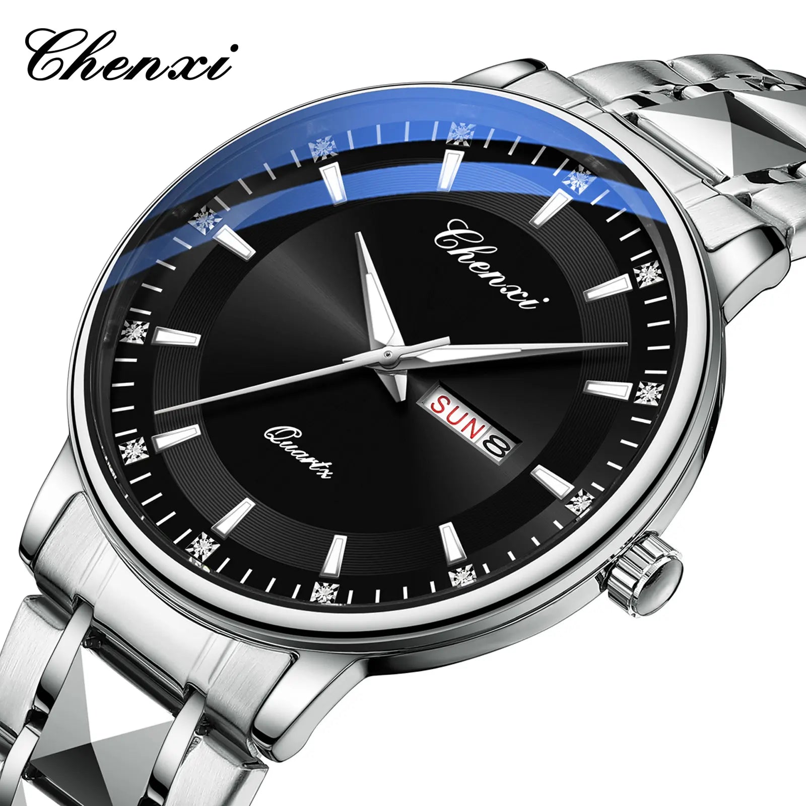 CHENXI Top Brand Fashion Men's Watch Convex Mirror Waterproof Night Light Date Calendar Stainless Steel Strap Quartz Watches NEW