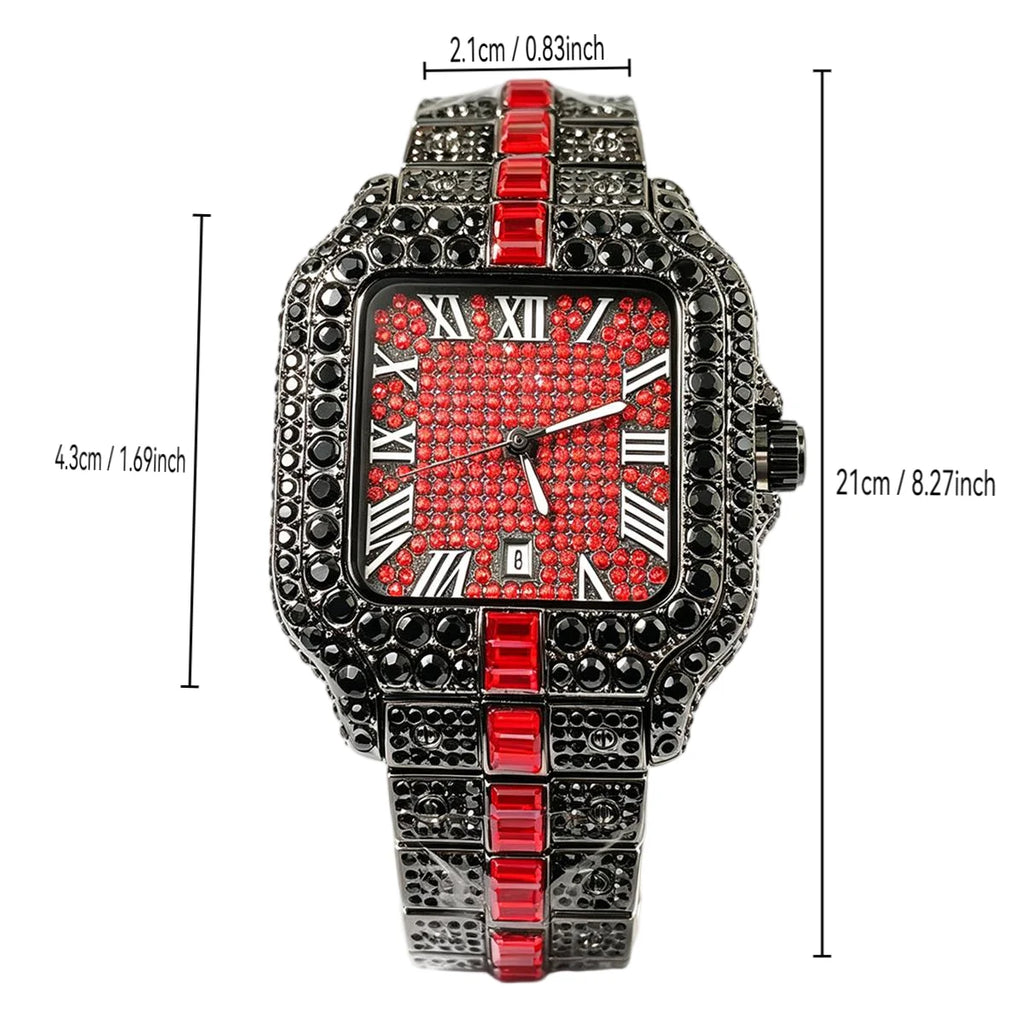 UNIGUET Cool Black Diamond Watch For Men Fashion Hip Hop Green Iced Out Square Quartz Wristwatch With Date Reloj Hombre