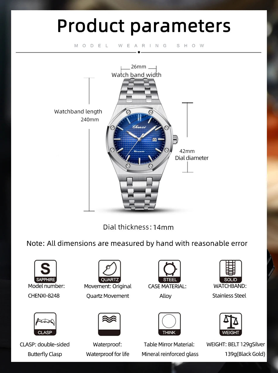CHENXI NEW Men's Watches Fashion Casual Luminous Date Quartz Watch Male Clock Gifts 42mm Dial Gold Wristwatch Waterproof