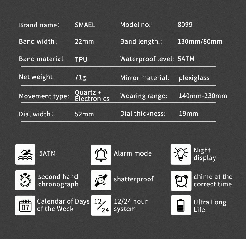 SMAEL 8099 Men's Military Digital Sport Watch - 50m Waterproof LED Backlight Alarm Stopwatch Chronograph Shockproof Gifts