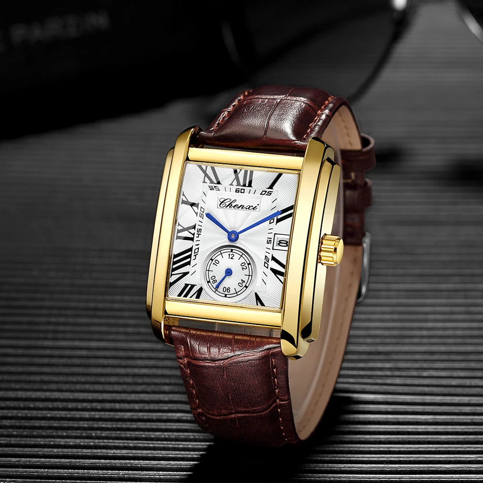 2025 New Business Men's Watch Fashion Square Roman Numeral Dial Waterproof Brown Leather Male Casual Fashion Date Quartz Watches