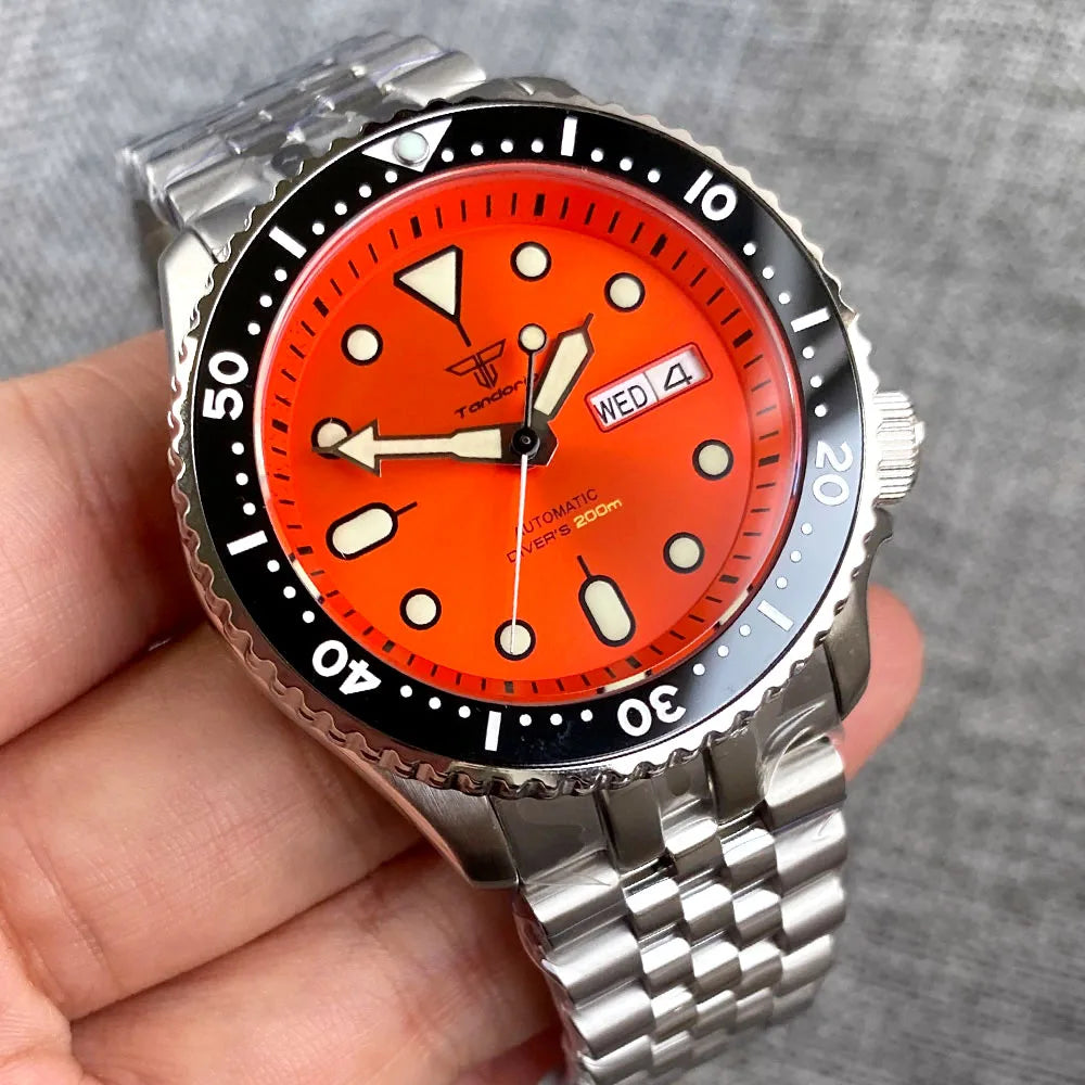 Diving Tandorio NH36 Week Date Steel Mechanical Watch Men 120clicks Bezel Chapter Ring 3.8 Crown 20ATM Waterproof SKX Mod Clock