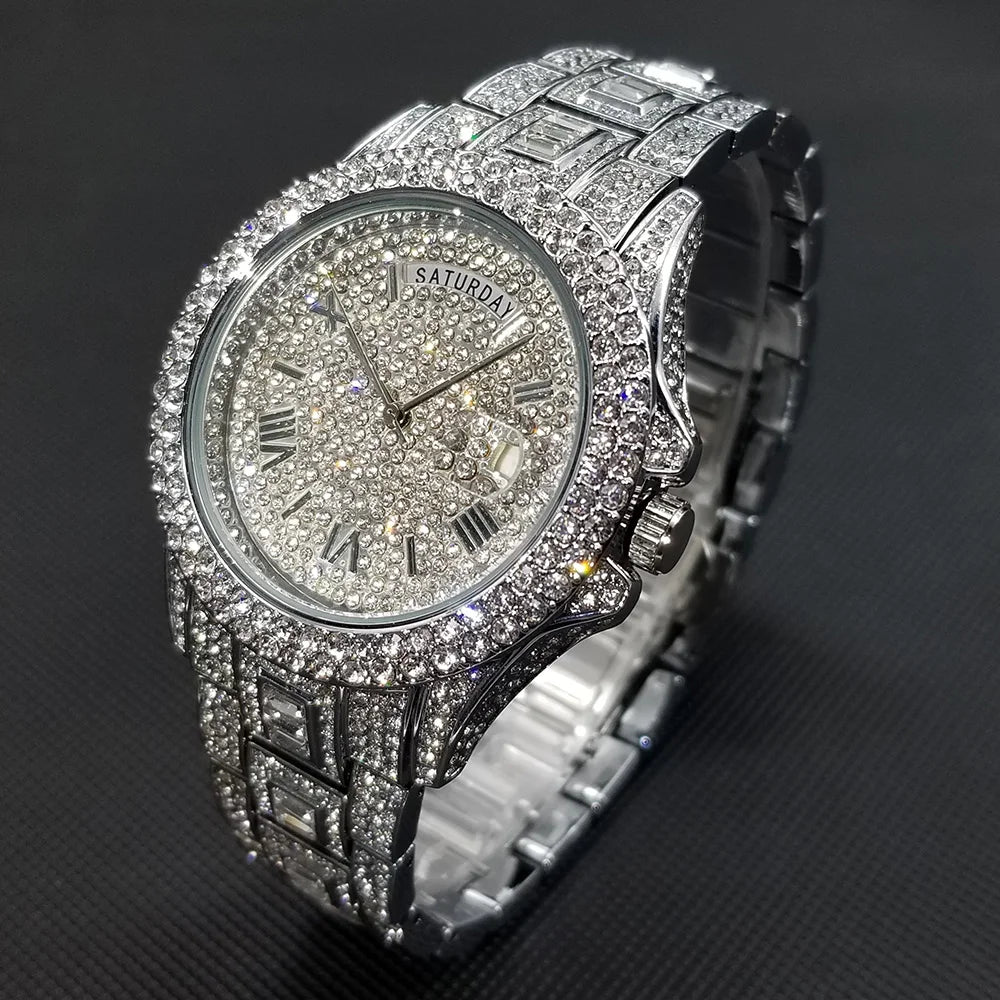 TikTok Hot Diamond Wristwatch For Men Luxury 18K Gold Plated Quartz Watches Day Date Nightclub Party Watch Unisex Rapper Jewelry