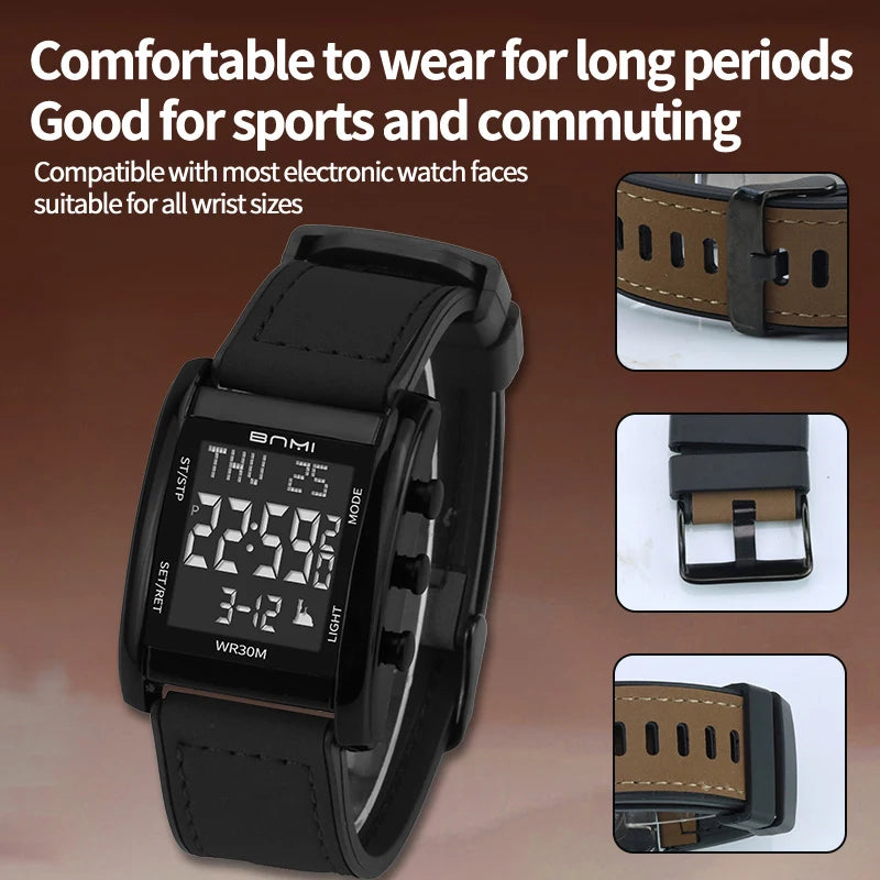 BNMI Men's Digital Watch Multifunctional Square Electronic Man Watches Luminous Weekly LED Display Alarm Stopwatch